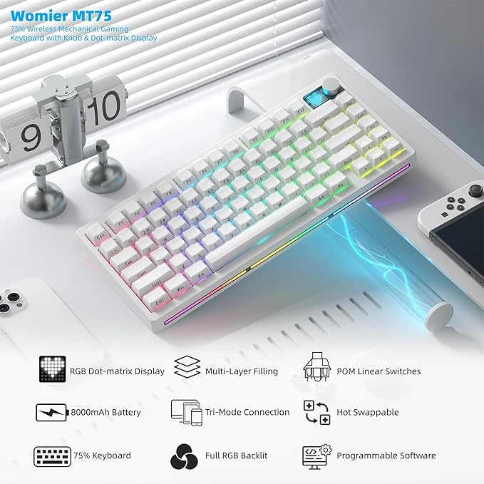 Womier 75% Wireless Mechanical Gaming Keyboard with Knob & Dot-matrix Display Bluetooth5.0/2.4GHz/USB C Thocky Creamy Keyboard for PC Computer, 8000mAh Battery Jelly key board for Win/Mac (MT75-White)