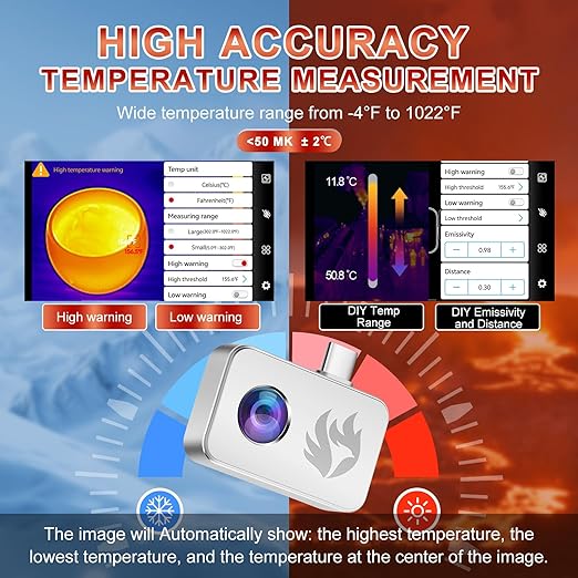 Thermal Camera, Native 256x192 IR Resolution, 25Hz Frame Rate, Upgraded Temperature Accuracy, Works for Android (Not for iOS)