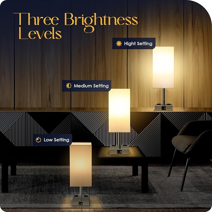 Set of 2 Bedside Table Lamp 3 Way Dimmable Nightstand Lamp with USB C & USB A Charging Port, 2 AC Outlets, 3000K LED Bulbs (White)