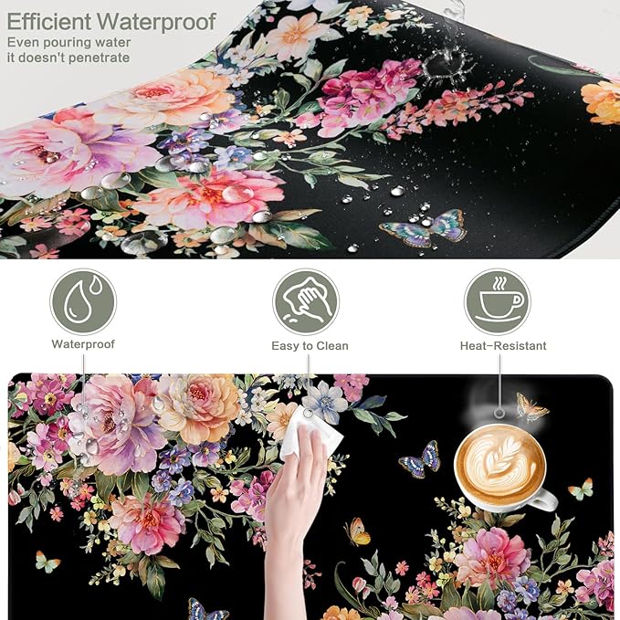 Pink Flower Desk Mat Mouse Pad Waterproof, Butterfly Floral XXL Extended Large Gaming Desk Pad Mousepad, Black Computer Laptop Keyboard Mouse Mat for Women Girls Work, Game, Office, Home 31.5x15.7 in