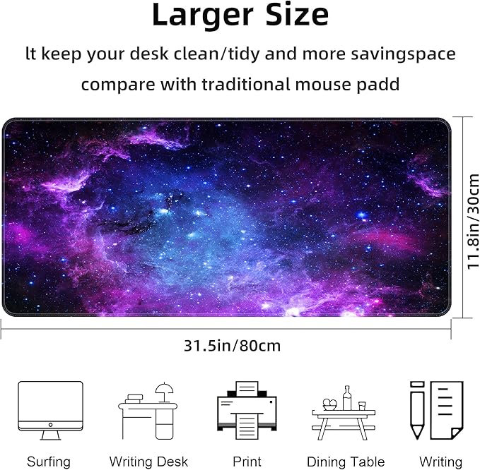 Bzu Galaxy Print Extended Big Mouse Pad Large,XL Gaming Mouse Pad Desk Pad,31.5x11.8inch Long Computer Keyboard Mouse Mat Mousepad with 3mm Non-Slip Base and Stitched Edge for Home Office Work