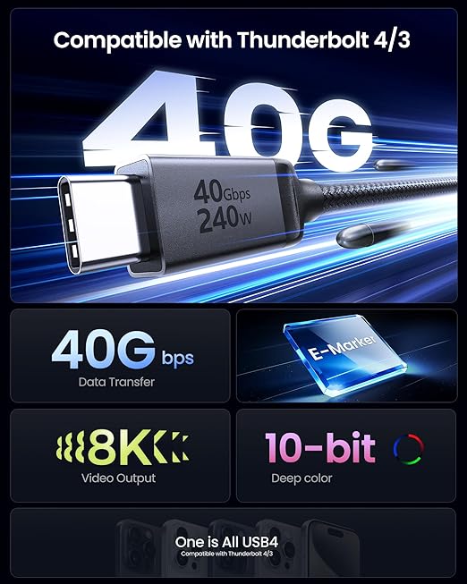 Silkland USB4 for Thunderbolt 4 Cable 1.6FT, 40Gbps Data Transfer, 240W, 8K@60Hz, Short Thunderbolt Cable 0.5M, USB C Data Cable Compatible with Thunderbolt 3, SSD, Hub, Dock, iPhone 17,MacBook