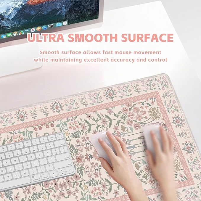 Baziabbo Pink Floral Desk Mat,XXL Extended Big Mouse Pad,Gaming Mousepad with Stitched Edge,Non-Slip Rubber Base Keyboard Desk Pad for Home Office Study Game