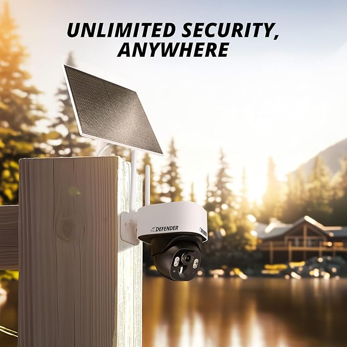 Defender 4G LTE 2K+ AI Frontier PTZ Wireless Outdoor Security Camera, 5W Solar Panel, 360° AI Tracking, Deterrence, 2 Way Talk, 9400maH Battery, Works with Empower App, eSIM Included