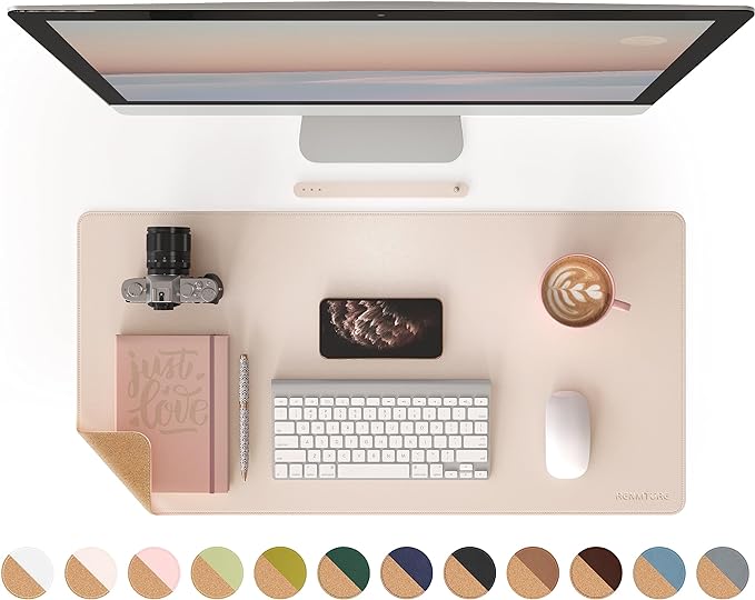 RENMTURE Dual-Sided Mouse Pad, Natural Cork & PU Leather Large Desk Pad for Office and Home Work, Desk Protector Non-Slip, Waterproof, Easy Clean (Apricot, 32"x16")