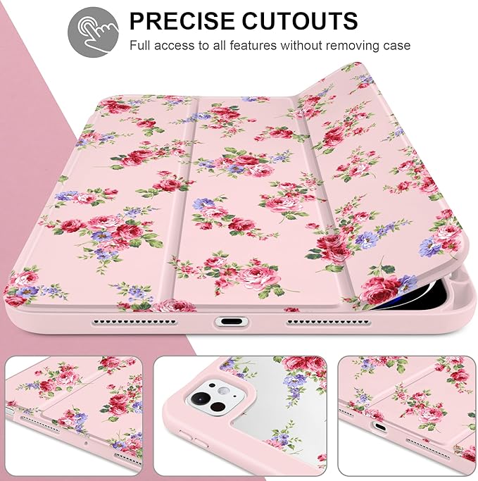 Case for iPad Pro 13 inch (M5) 2025 (M4) 2024 Release Slim Lightweight Cute Light Pink Cover with Clear Back TPU Edge Pencil Holder Trifold Stand, Elegant Rose