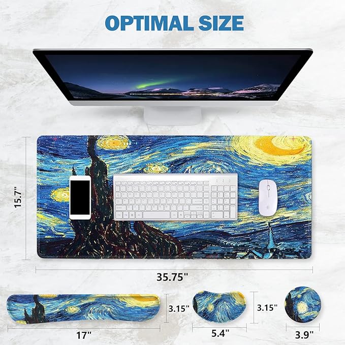 ToLuLu Extended Gaming Mouse Pad, Memory Foam Ergonomic Keyboard Mouse Wrist Rest Support Set, Large Desk Mat with Stitched Edges, Non-Slip Base Mousepad for Home Office, Van Gogh Starry Night