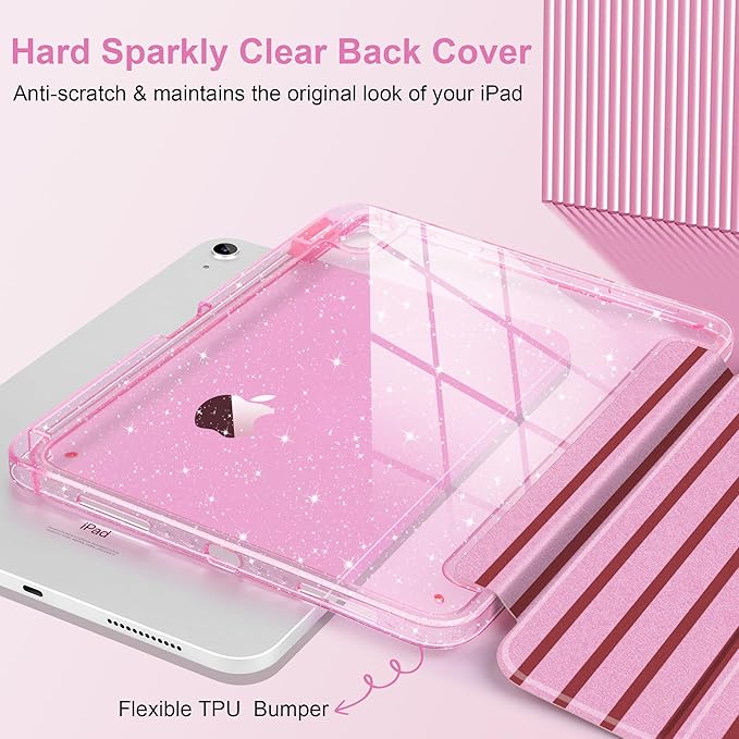DONGKE for iPad Pro 11 inch Case – Fits M5 2025 / M4 2024, Shockproof Sparkling Glitter Acrylic Back, Pencil Holder, Trifold Stand, Auto Sleep/Wake & Touch ID Support - Pink Stripes