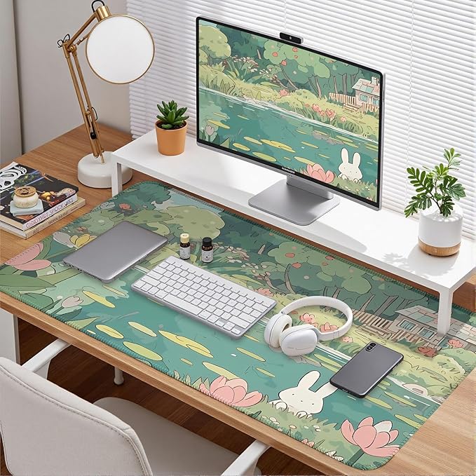 Cute Kawaii Bunny Anime Green Plant Desk Mat Large Mouse Pad Gaming Desk Pad Accessories for Women Office Decor Long Laptop Keyboard Mouse Mat