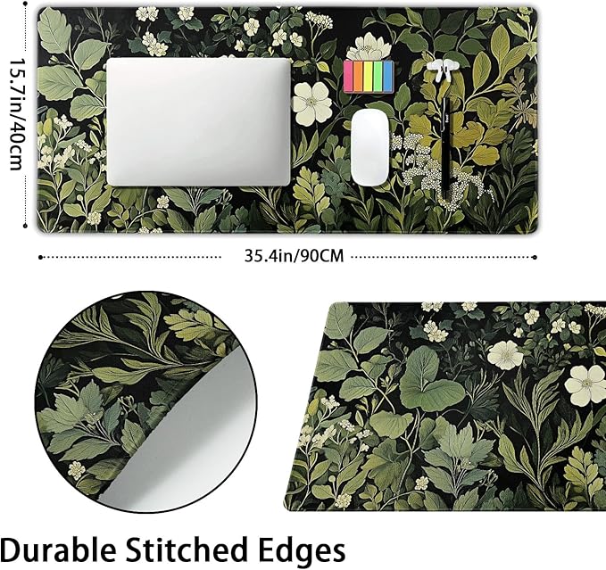 Green Leaves Mouse Pad XXL Botanical Plants Beige Floral Extended Table Mat 90X40 cm Non-Slip Rubber Base Stitched Edge Large Mousepad for Gaming Laptop Computer Desk Top 35.4×15.7 Inch