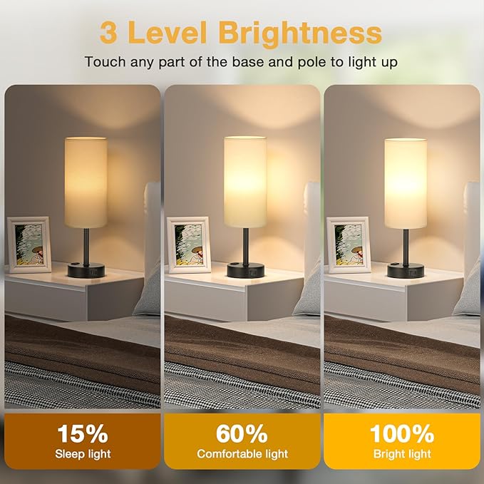 PartageiZ White Bedroom Lamps Set of 2-3 Way Dimmable Touch Table Lamps with USB C and A Ports, Bedside Lamps for Nightstand with AC Outlet, Small Desk Lamps with Black Base for Office Hotel