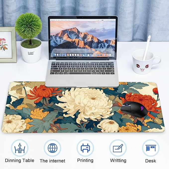 Flowers Mouse Pad, Large Mouse Pad for Desk, Extended Desk Mousepad with Non-Slip Rubber Base Stitched Edge Keyboard Mat for Gaming Office, 31.5" x 11.8"