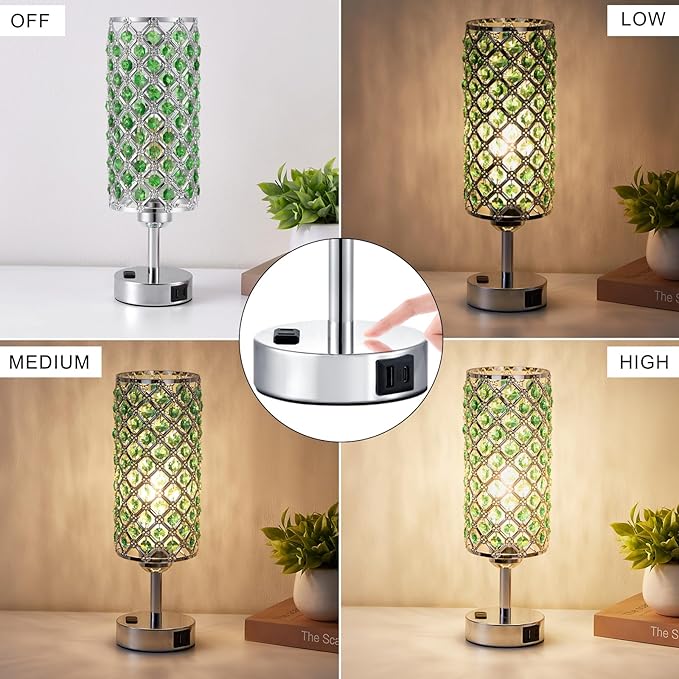 Hong-in Green Crystal Lamp Touch Control Set of 2, Crystal Table Lamps with USB C+A Ports & AC Outlet, 3-Way Dimmable Nightstand Touch Lamp, Modern Bedside Table Lamp for Bedroom(Bulbs Included)