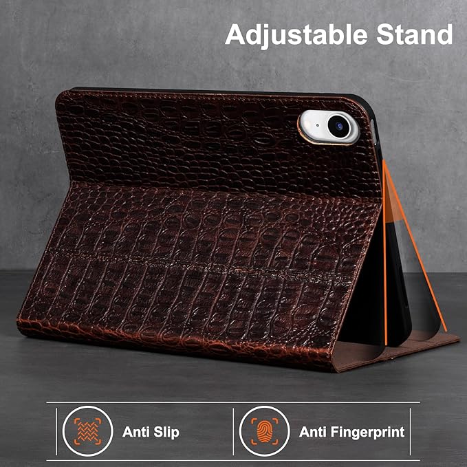 Gexmil Leather Case for iPad mini 7 (A17 Pro) 2024 / iPad mini 6 Generation 2021 8.3 Inch,Premium Cowhide Cover with Adjustable Stand, Auto Wake/Sleep,Brown Crocodile