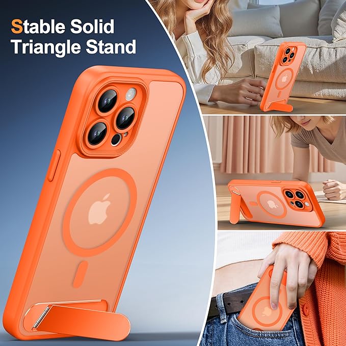Magnetic Compatible with iPhone 15 Pro Max Case, [Built-in Kickstand][Full Camera Protection][Compatible with MagSafe][Anti-Fingerprint] Shockproof Phone Case for iPhone 15 Pro Max 6.7",Orange