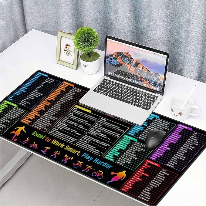 Excel Shortcuts Cheat Sheet Desk Pad Mat– 35.4x15.7 Inches Large Mouse Pad with Non-Slip Rubber Base, Quick Reference Guide for Office & Home