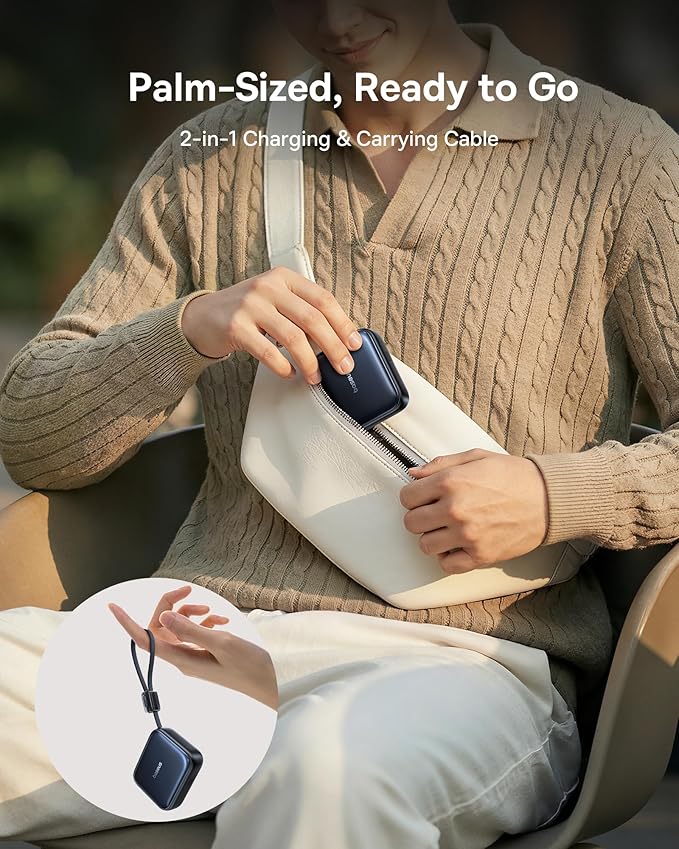 Baseus PicoGo AC22 Mini Power Bank, 10000mAh 45W PD Portable Charger Built-in USB-C Cable, Ultra Small Sized Battery Pack, Fast Charging Battery Bank for iPhone 17/16/15 Samsung S25/S24 Pixel 10 iPad
