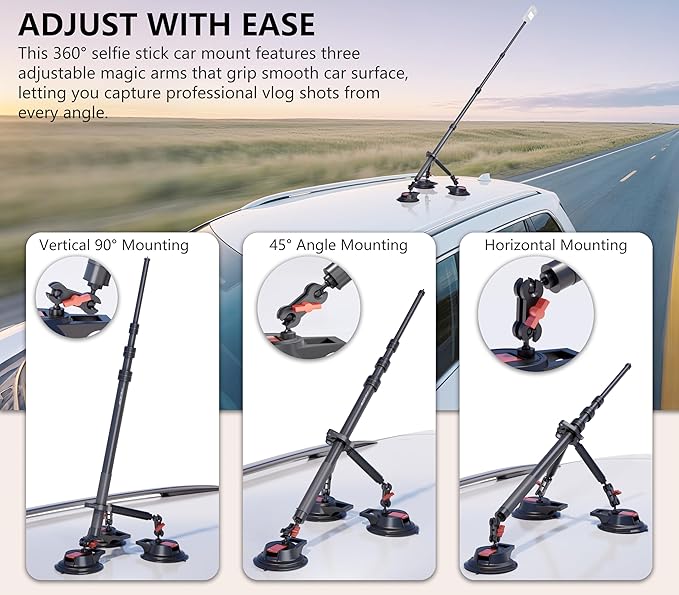 Heavy-Duty Triple Suction Cup Car Mount Kit - Professional External Extension Pole Insta360 Car Mount,Windshield Magic Arm GoPro Car Mount with Action Camera Adapter Compatible with Insta360/GoPro/DJI