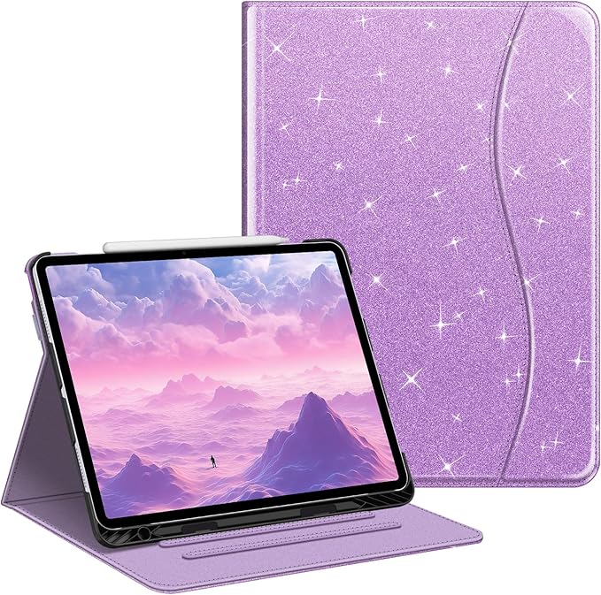 Fintie Folio Case for iPad Air 13-inch M4/M3/M2 (2026/2025/2024), Multi-Angle Viewing Protective Stand Cover with Pencil Holder & Pocket, Auto Sleep/Wake, Glittering Purple