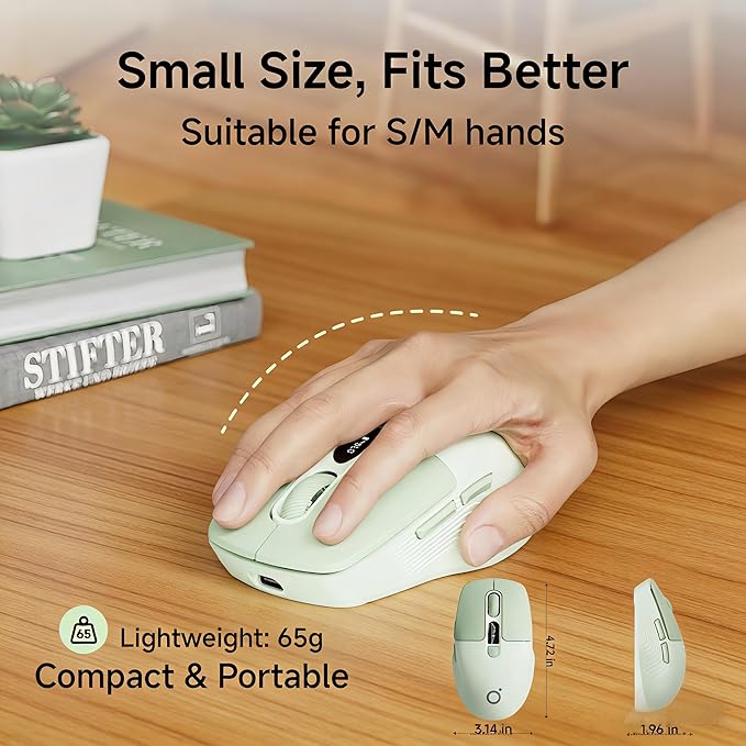 EWEADN Q1 Wireless Bluetooth Mouse, BT & 2.4G Computer Mouse with Battery & DPI LED Screen Display, Type-C Rechargeable with 1600 DPI Levels, 6 Button Silent Ergonomic Mouse for Laptop/PC/Mac-Green