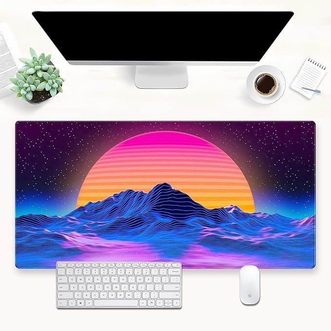Retro Neon Fantasy Mouse Pad Desk Mat XXL Large 31.5x15.7in Gaming Keyboard & Mouse Pad Nostalgic Digital Art Office Desk Decor