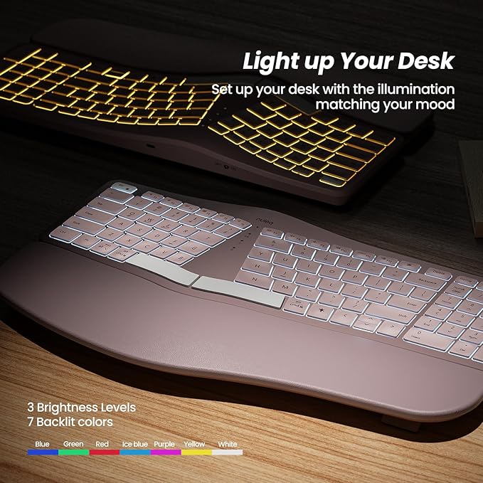 Nulea RT05 Wireless Ergonomic Keyboard, Split Keyboard with Wrist Rest, USB-C Charging, 7-Color Backlight, Natural Typing, Bluetooth and USB Connectivity, Compatible with Windows/Mac(Pink)