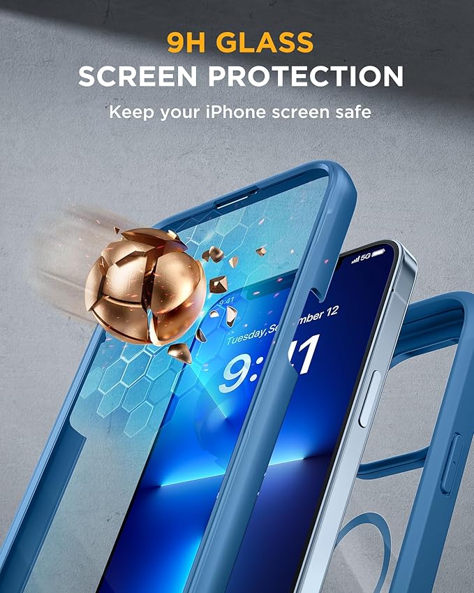 Miracase Magnetic for iPhone 13 Pro Max Case 6.7 inch, (Compatible with MagSafe) Upgrade Full-Body Clear Phone Bumper Case with Built-in 9H Tempered Glass Screen Protector, Magnetic Capri Blue
