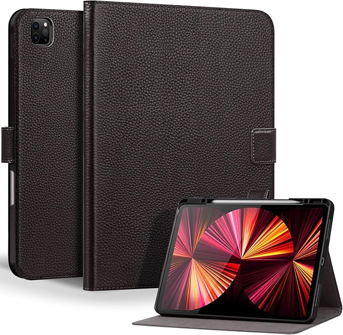 Genuine Leather Case for iPad Pro 12.9 inch 6th/5th/4th/3rd Generation 2022/2021/2020/2018 | with Pencil Holder and Adjustable Stand, Magnetic Closure, Auto Wake/Sleep Cover | Dark Brown