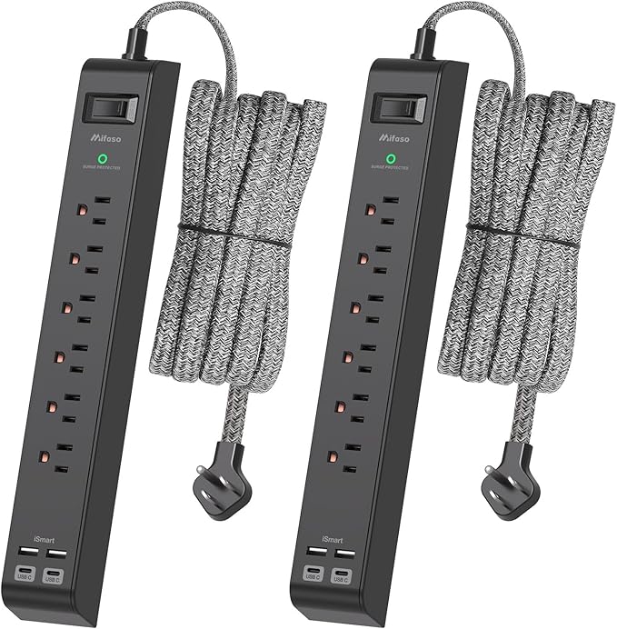2 Pack 10Ft Extension Cord with Multiple Outlets, Surge Protector Power Strip with 6 Outlets 4 USB Ports, Flat Plug, Wall Mount for Home Office, Dorm, Black