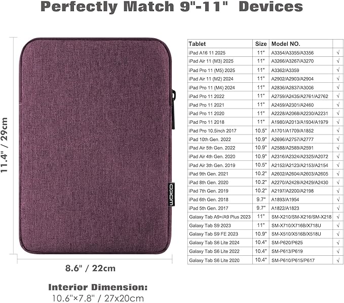 MoKo 9-11 Inch Tablet Sleeve Bag Carrying Case Fits New 11inch iPad Air M4, iPad A16 2025, iPad Pro 11 M4, Air 5/4/3, iPad 10/9/8th Gen, Tab S8/S9 11", Tablet Carrying Case, Purple