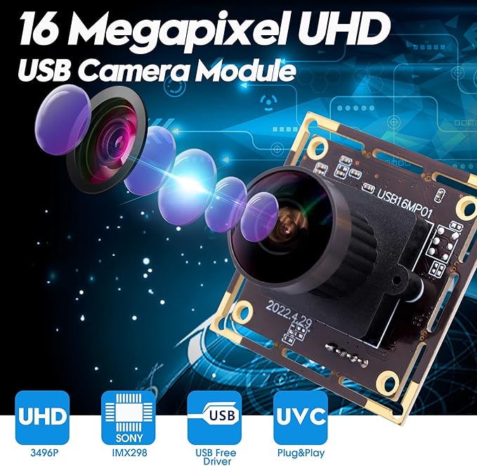 16MP 4K USB Camera with 170 Wide Angle Lens - 3496P Tiny Embedded Camera Board for Industrial, Machine, OpenCV, UVC, Video, Raspberry Pi, Jetson Nano