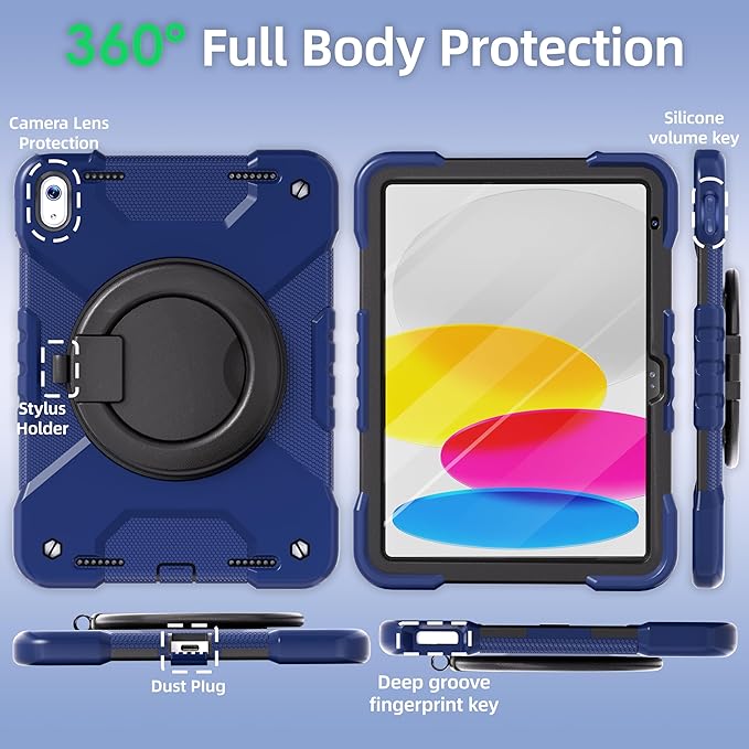 Andnary Case for iPad (A16) 11th Generation 11 inch 2025/10th Generation 10.9 inch 2022, Shockproof Cover with Screen Protector/360° Rotate Handle/Bracket/Pen Holder/Shoulder Strap (Navy+Black)