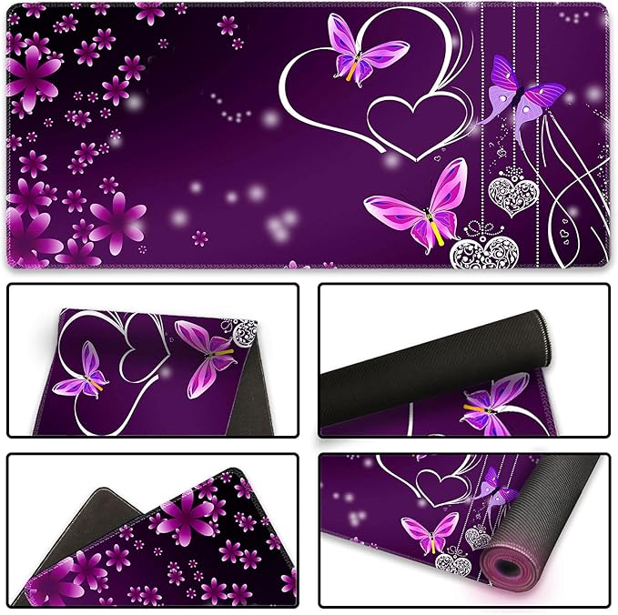 Extended Gaming Mouse Pad XXL ArtSo Large Keyboard Mat Long Mousepad Desk Decor Writing Pad Non Slip Rubber Base Stitched Edges for Work, Game, Office, Home, 35.1" x 15.7", Purple Heart Butterfly