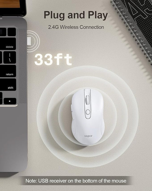 wegear USB Wireless Mouse for Laptop PC Mac, 2.4GHz Cordless Mouse with 6 Buttons, 5-Level Adjustable 4000 DPI, Ergonomic Portable Optical Computer Mice, 24-Month Battery Life -White