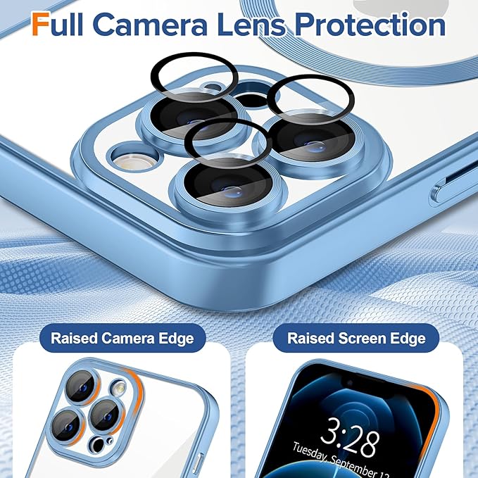 Hython Magnetic Clear for iPhone 12 Pro Case with Camera Lens Protector [Compatible with MagSafe] Luxury Plating Edge Slim Soft TPU Cover Protective Phone Case for iPhone 12 Pro, Matte Light Blue