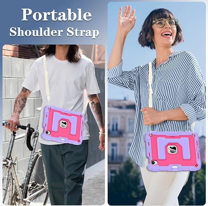 Kids Friendly Case for Apple iPad mini 7 A17 Pro 2024/iPad Mini 6 2021 8.3 Inch 7th/6th Gen Case with Pencil Holder & Shoulder Strap, Shockproof Kickstand Hard Shell Protective Cover,Rose+Purple