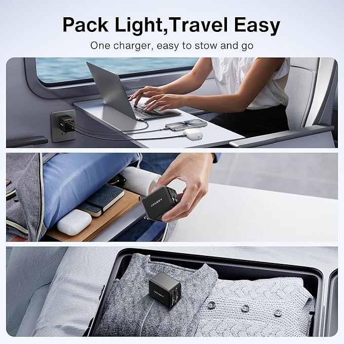 iVANKY 65W Retractable Wall Charger for MacBook, 5-in-1 USB C GaN Charger Block with Dual USB C Cables, 33.5 inches, PD PPS Fast Charging, 5-Port Power Adapter for Laptop/iPhone 17/16/15/14 Pro Max