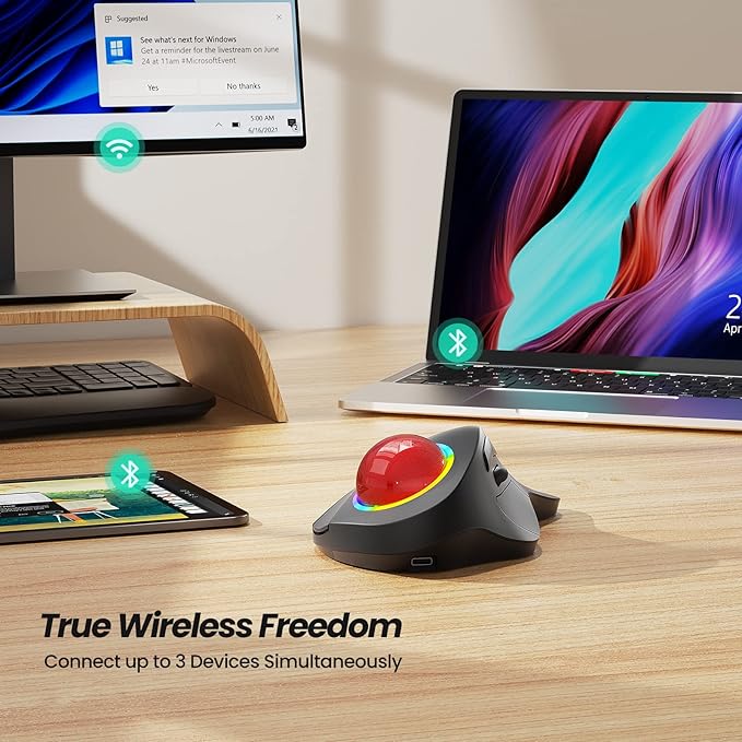 Nulea M505B Wireless Trackball Mouse, Rechargeable Ergonomic RGB Rollerball Mouse, Easy Index Finger Control with 5 Adjustable DPI, 3 Device Connection for PC, Laptop, iPad, Mac, Windows, Android