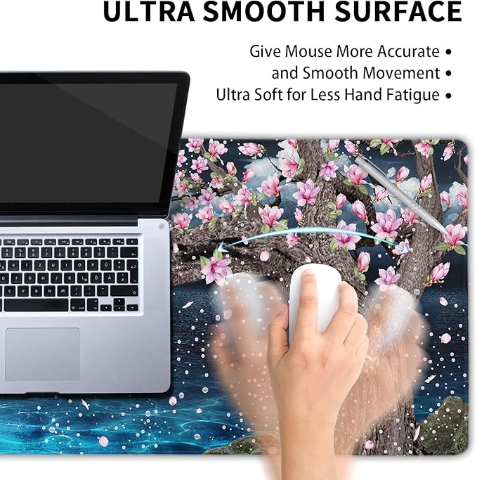 Japanese Pink Floral Gaming Mouse Pad XL Sakura Cherry Blossom Magnolia Tree Blue Ocean Moon Night Extended Big Large Desk Mat Non-Slip Rubber Base Stitched Edge Long Keyboard Mousepad 31.5×11.8 in