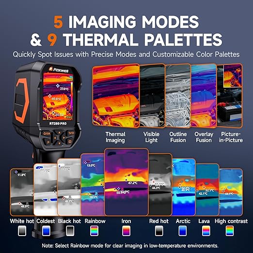 FOXWELL RT280 PRO Thermal Camera 640x480 Imaging Resolution, Dual-Camera Thermal Imaging Camera with 2MP Visual Camera, 512x384 TISR Resolution, Infrared Cameras with Laser, PC Analysis