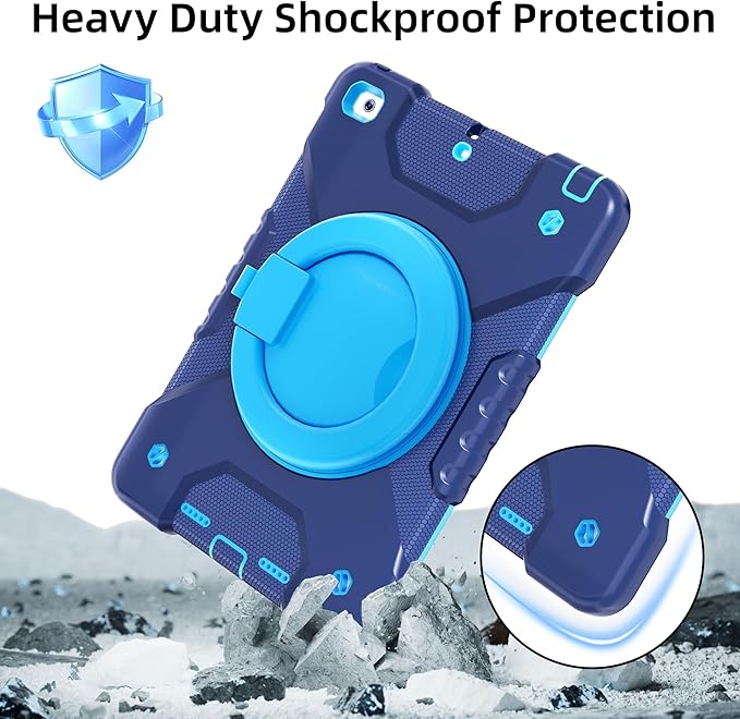 Andnary Case for iPad 6th/5th Generation 9.7 inch 2018/2017 Case, iPad Air 2/Pro 9.7 inch Heavy Duty Protective Cover with 360° Rotate Handle Stand, Pencil Holder, Shoulder Strap (Navy+Blue)