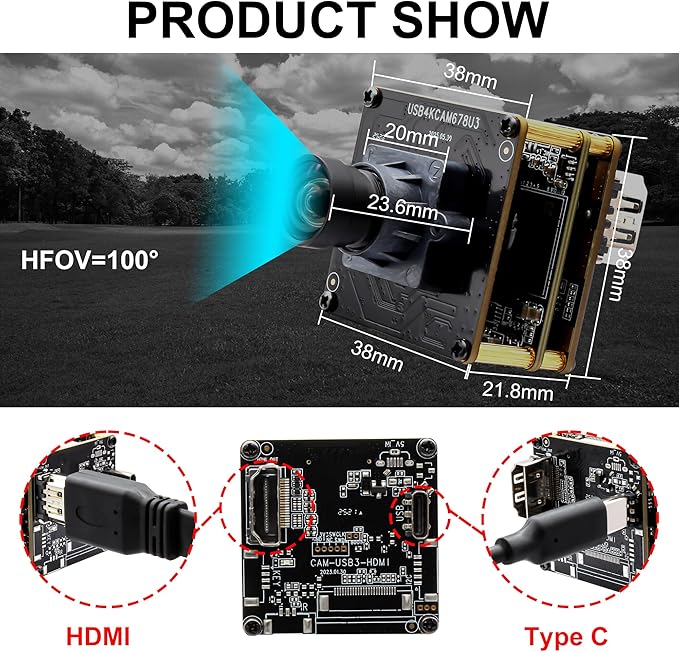 4K HDMI USB3.0 Simultaneous Output Camera, H.264 High Speed 60fps Low Illumination Color Webcam, 100° Wide Angle No Distortion Lens, Plug & Play for Windows Linux Android