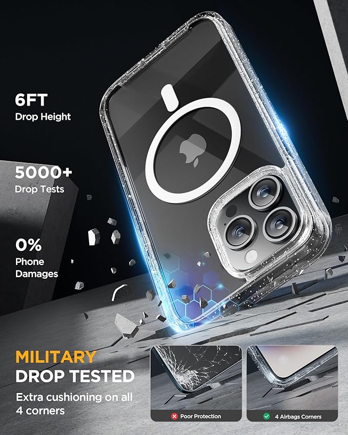 Miracase Magnetic for iPhone 15 Pro Max Case 6.7'' [Compatible with Magsafe] Full-Body Drop Proof Phone Case for iPhone 15 Pro Max with Built-in 9H Tempered Glass Screen Protector,Clear Glitter