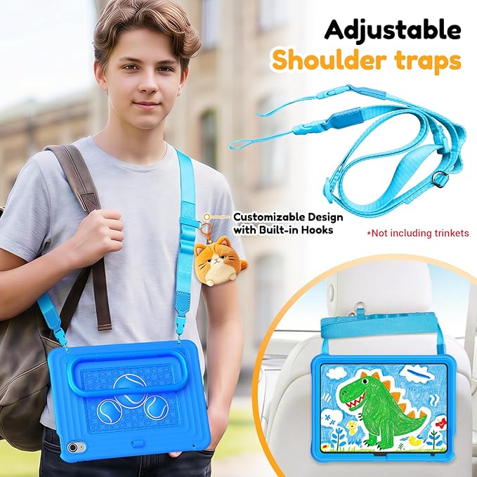 KAIJIAbox Kids Case for iPad A16 11th Generation 11 inch 2025/10th Generation 10.9” 2022- Military-Grade Rugged Drop Protection with Metal Handle/Stand, Screen Protector,Shoulder Strap-Blue