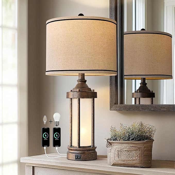 G-SAFAVA 25'' Table Lamp for Living Room Bedroom Farmhouse Metal Lamps with 2 USB Ports, Built-in Frosted Glass Night Light Vintage Industrial Nightstand Bedside End Lamp, 2 Bulbs Included, Bronze
