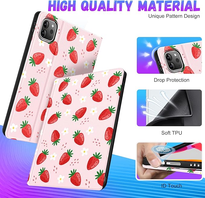 Uppuppy for iPad Air 13 Inch M2/M3, Pro 12.9 Case - Cute Women Girls Girly Kawaii Strawberry Pencil Holder Folio Cover for Apple Air 13" 2024/2025, Pro 6th/5th/4th/3rd Generation Case