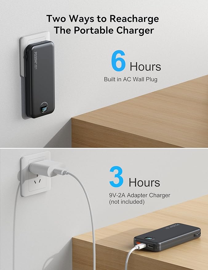 10000mAh Ultra-Portable-Charger-Power-Bank with Built in Cables&AC Wall Plug, PD20W USB-C Fast Charging Cell Phone Charger Battery Pack,LED Display Travel Battery Bank for All iPhone,Samsung,Android