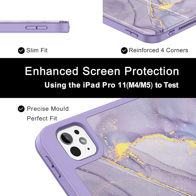 Soke Case for New iPad Pro 11 Inch (M5/M4) 5th Generation 2024-2025 with Pencil Holder - [Shockproof + Apple Pencil Charging + Auto Wake/Sleep], Soft TPU Back Cover for iPad Pro 11", Lilac Marble