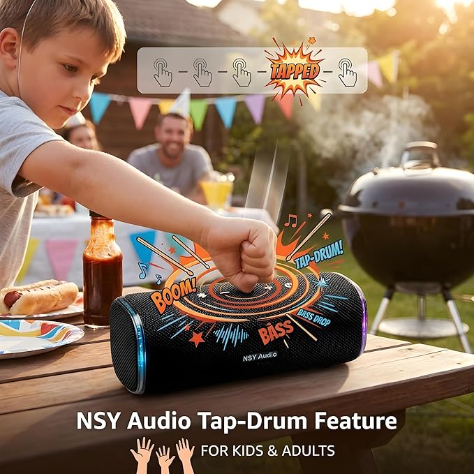 40W Bluetooth Shower Speaker, IPX7 Waterproof Floating Pool Speaker with Interactive Tap-to-Play Drum Beats, 25H Playtime, LED Lights, Built-in Mic for Hands-Free Calls in Bathroom, Blue