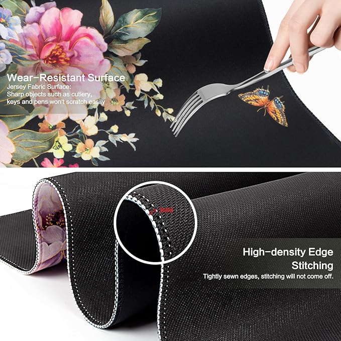 Pink Flower Desk Mat Mouse Pad Waterproof, Butterfly Floral XXL Extended Large Gaming Desk Pad Mousepad, Black Computer Laptop Keyboard Mouse Mat for Women Girls Work, Game, Office, Home 31.5x15.7 in